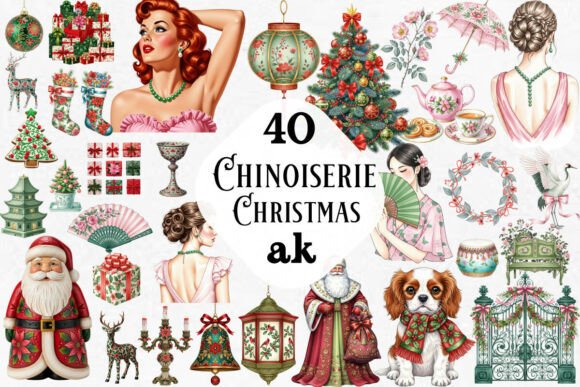 Chinoiserie Christmas Clipart Bundle for Illustrations