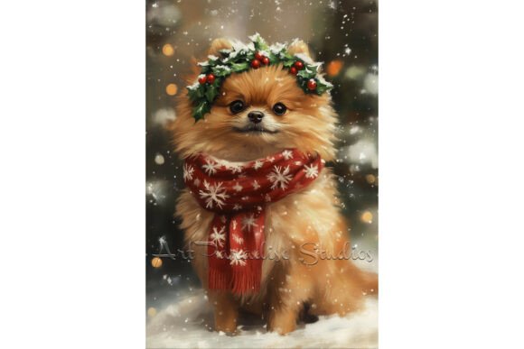 Christmas Pomeranian Dog Snow Wall Art: A Festive Illustration for Creative Projects