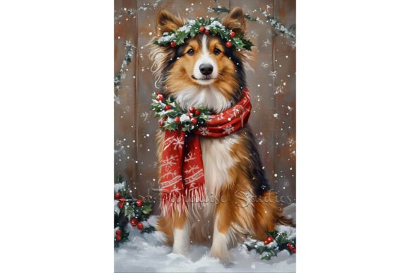 Christmas Rough Collie Dog Snow Wall Art Illustrations