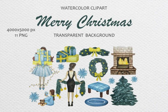 Hand Drawn Christmas Watercolor Clip Art