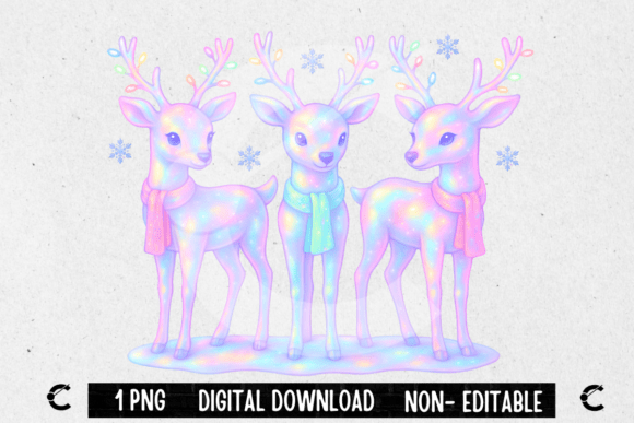 Holographic Pastel Christmas Reindeer Illustrations