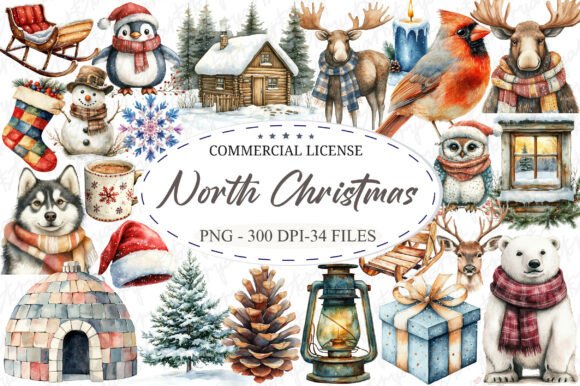 North Christmas Watercolor Clipart for Illustrations