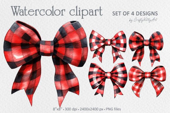 Red Buffalo Plaid Christmas Bow Clipart for Illustrations