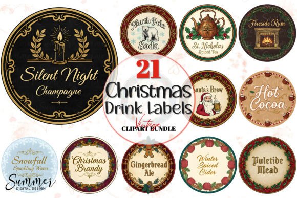 Vintage Christmas Round Drink Labels PNG