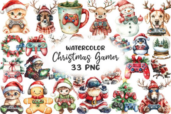 Watercolor Christmas Gamer Clipart for Brand Illustrations